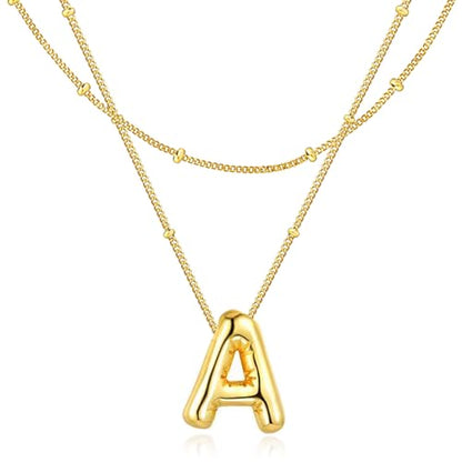 Bubble Letter Necklace for Women, 14k Gold Plated Initial Letter Pendant Necklace Personalized Jewelry A - Z 26 letters - style: Gold-A