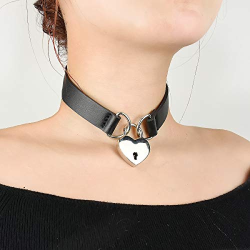 Goth Choker Necklaces for Women, Black Choker and Heart Padlock Day Collar with Key, Black PU Leather Choker Collar for Women