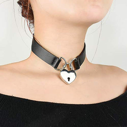 Goth Choker Necklaces for Women, Black Choker and Heart Padlock Day Collar with Key, Black PU Leather Choker Collar for Women
