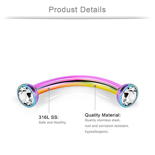 9 Pairs 16G Stainless Steel 3mm Clear CZ Glitter Ball Curved Barbell Eyebrow Tragus Lip Belly Ring Piercing Jewelry 3/8"(10MM) Rainbow - color: 18PCS - Rainbow