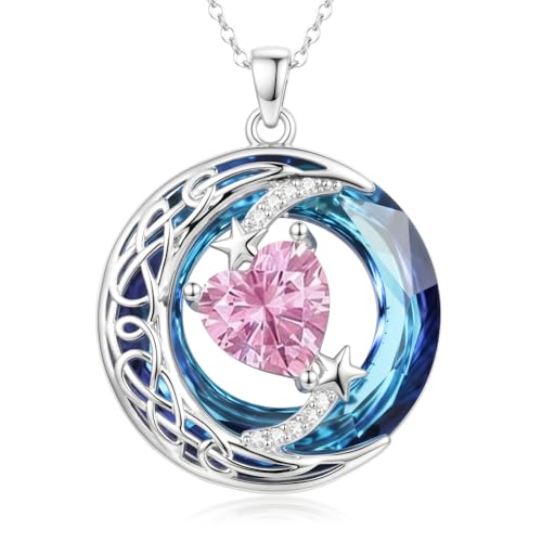 Birthstone Necklace for Women Crystal Moon and Star Pendant White Gold Celtic Moon Jewelry Birthday Graduation Gifts for Wife Her - style: Moon-10