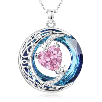 Birthstone Necklace for Women Crystal Moon and Star Pendant White Gold Celtic Moon Jewelry Birthday Graduation Gifts for Wife Her - style: Moon-10