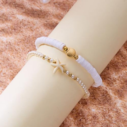 Beaded Starfish Mermaid Anklets Bracelet for Women Waterproof Starfish Shell Pearl Anklet Stackable Stretch Beaded Anklets Hawaiian Beach Jewelry Mermaid Costume Outfits Accessories - style: Clay Starfish