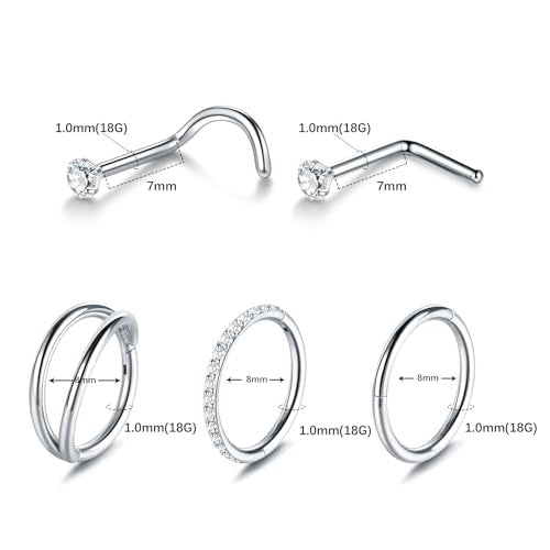 Xpircn 5pcs Hoop Nose Rings and L Shaped Nose Rings Stud Set 18G/20G Stainless Steel CZ Helix Conch Daith Tragus Cartilage Hoop Earrings for Women 6mm 7mm 8mm 10mm - color: Silver, size: 18G, 8mm hoop & 7mm studs