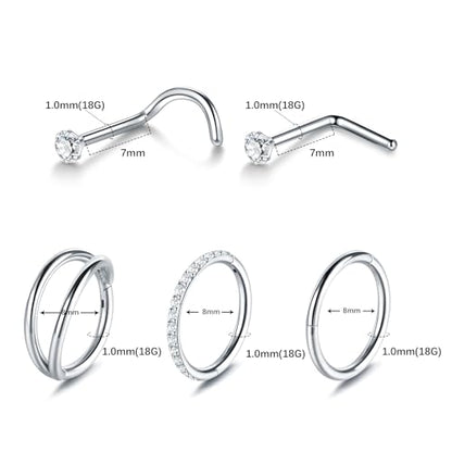 Xpircn 5pcs Hoop Nose Rings and L Shaped Nose Rings Stud Set 18G/20G Stainless Steel CZ Helix Conch Daith Tragus Cartilage Hoop Earrings for Women 6mm 7mm 8mm 10mm - color: Silver, size: 18G, 8mm hoop & 7mm studs