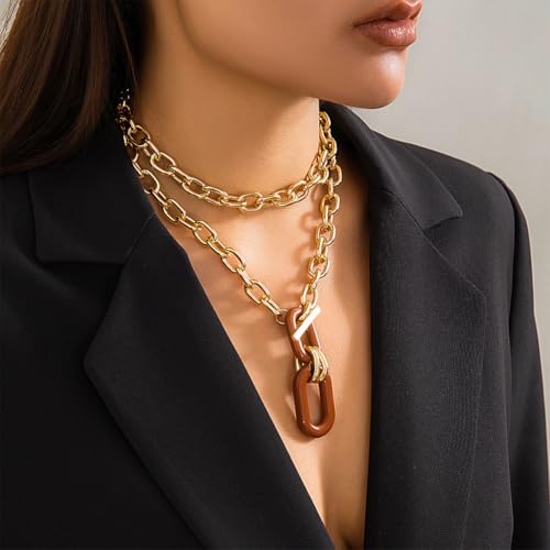 Layered Chunky Gold Silver Necklace Big Cuban Chain Statement Necklace Stacked Punk Chain Choker Necklaces for Women Trendy Jewelry Birthday Gifts - color: 03 Gold Brown