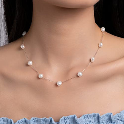 925 Sterling Silver Dainty Freshwater Cultured Pearl Choker Necklace White Genuine Real Pearl Charm Necklaces Jewelry Gifts for Her - color: Satellite Baroque 8-9mm-Silver