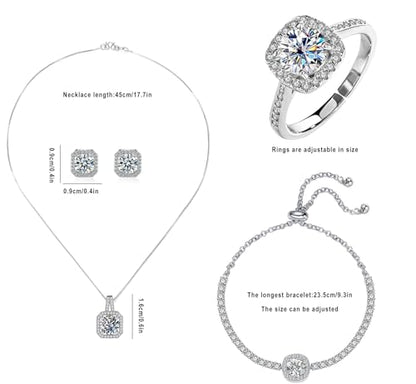 Women 4Pieces Cubic Zirconia Jewellery Set Rhinestone Necklace Earrings Bracelet Ring - color: Silver 2