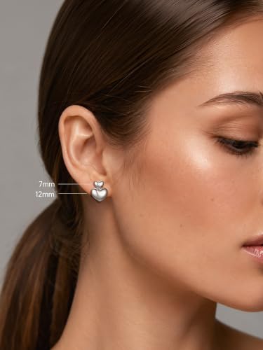 JustBeingCute Heart Stud Earrings 14K Gold Plated 925 Sterling Silver Posts | Dainty Simple Heart Earrings for Women hypoallergenic Chunky Puffy Studs Lightweight with Gift Box（7/10mm） - color: 2-Silver Dangle