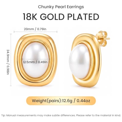 Chunky Gold Stud Earrings for Women 18K Gold Plated Hypoallergenic Chunky Statement Earrings Big Natural Crystal Stone Earring Gift for Women - color: Pearl