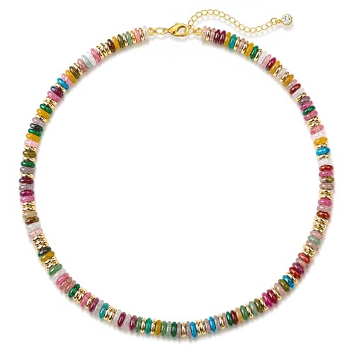 HAXIYA Colorful Beades Gemstone Necklace for Women Boho Beaded Choker | Rainbow Natural Stone Chunky Bead Surfer Summer Beach Necklaces Jewelry Hypoallergenic - color: Raibow+Gold