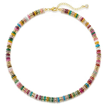 HAXIYA Colorful Beades Gemstone Necklace for Women Boho Beaded Choker | Rainbow Natural Stone Chunky Bead Surfer Summer Beach Necklaces Jewelry Hypoallergenic - color: Raibow+Gold