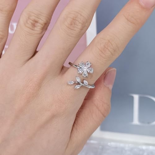 Kokoma Delicate Flower Leaf Wrap Finger Ring for Women Pink Cubic Zirconia Crystal Floral Statement Ring Promise Engagement Rings Adjustable Open Band - color: Silver