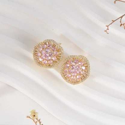 Crystal Flower Burst Stud Earirings - Big Sterling Silver CZ Cubic Zirconia Rhinestone Daisy Sunflower Floral Cluster Studs Bridal Wedding Party Prom Costume Jewelry for Bride Bridesmaids Women Birthstone Birthday Gift - color: Baby Pink
