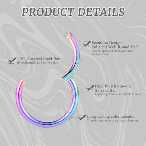 GAGABODY 2 Pcs Nose Rings 22G 20G 18G 16G 14G 12G 10G 8G Surgical Steel Piercing Rings for Nose Septum Cartilage Helix Tragus Conch Rook Daith Lobe from 5mm to 16mm Seamless Hoop Unisex Hinged Earrings - color: Rainbow
