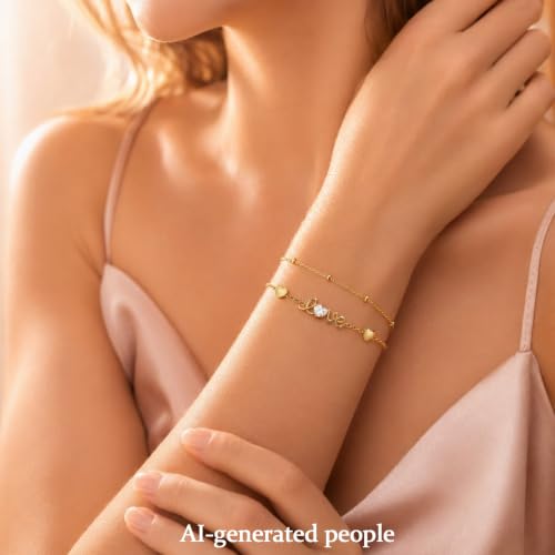 16K Gold Plated Bracelets Set for Women - Dainty Layered Adjustable Hand Chain Bracelet with Cubic Zirconia, Cute Jewelry Gift for Her, Waterproof Hypoallergenic - color: Love