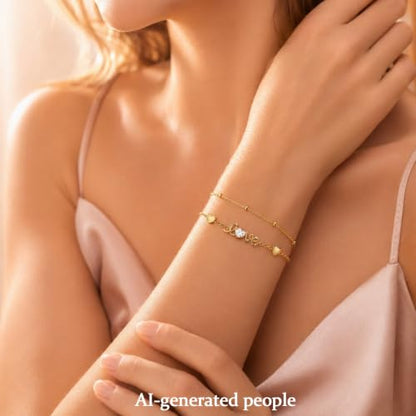16K Gold Plated Bracelets Set for Women - Dainty Layered Adjustable Hand Chain Bracelet with Cubic Zirconia, Cute Jewelry Gift for Her, Waterproof Hypoallergenic - color: Love