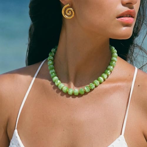 Chunky Colorful Choker Necklace for Women - Summer Beach Round Resin Beads Necklace, Trendy Statement Summer Beach Jewelry Birthday Gifts for Vacation Holiday - color: 14mm Light Green Beads