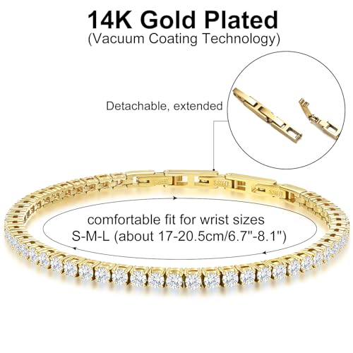 Stainless Steel Adjustable CZ Tennis Bracelet for Women Men | 14K Gold Plated, Round 3mm/4mm/5mm AAAA+ Cubic Zirconia, Dainty Classic, Festival Wedding Jewelry Gift - color: Gold, size: CZ 3mm