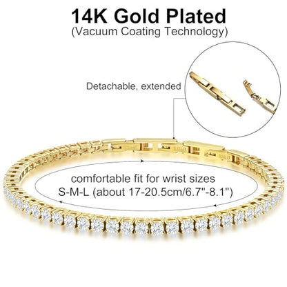 Stainless Steel Adjustable CZ Tennis Bracelet for Women Men | 14K Gold Plated, Round 3mm/4mm/5mm AAAA+ Cubic Zirconia, Dainty Classic, Festival Wedding Jewelry Gift - color: Gold, size: CZ 3mm