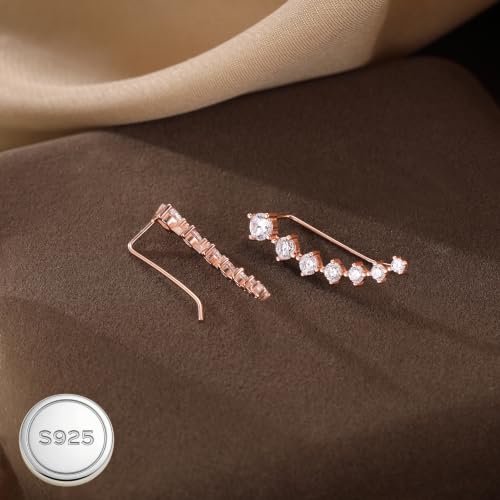Reffeer Solid 925 Sterling Silver 7 Crystals Cuff Earrings Climber for Women Crawler Earrings Wraps - color: C-Rose Gold