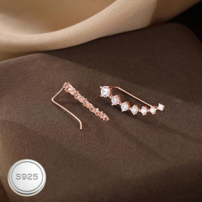 Reffeer Solid 925 Sterling Silver 7 Crystals Cuff Earrings Climber for Women Crawler Earrings Wraps - color: C-Rose Gold