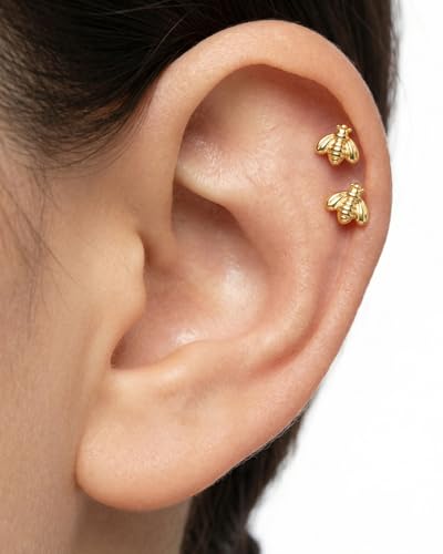 Flat Back Earrings for Women Cartilage Helix | Comfortable Dainty Cute Dragon Bee Bird Phoenix Dragonfly Cute Animal Leaf Spiral Rhombus Design Flatback Stud Earrings - color: Gold Bee