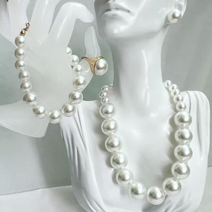 Chunky Beaded Jewelry Set, Necklace Earrings Bracelet Ring for Women Party | Simulated pearl jewelry set, necklace earrings bracelet & ring. Elegant chunky beaded, ideal gift for wedding and daily wear. - color: White