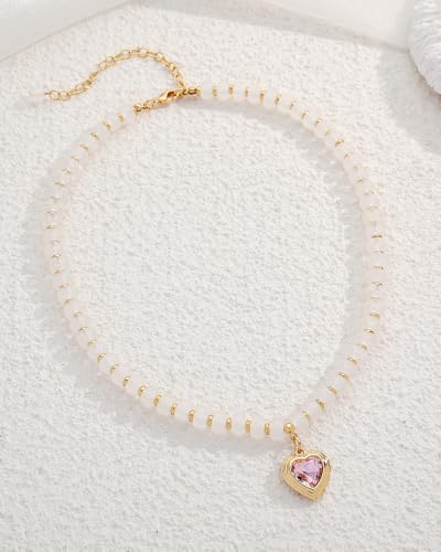 Boho Beaded Choker Necklaces for Women with A Gold Heart CZ - color: White