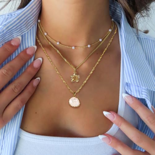 Charm Necklaces for Women,14k Gold Plated Waterproof Dainty Choker Necklace Summer Seashell Pearl Beach Cute Necklaces Set Fashion Jewelry Gift - style: Tropical