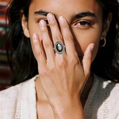 Retro Sterling Silver Stone Ring,Antique Natural Real Oval Crystal Quartz Gemstone Boho Bohemian Ring Jewelry for Women - color: A01_Black Obsidian