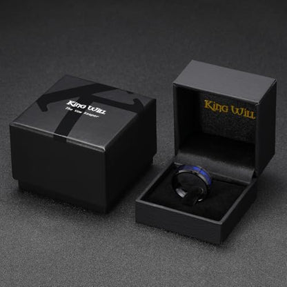 King Will Tungsten Wedding Band Wood Inlay for Men Black Beveled Edge | Black, 8mm, Beveled Edge, Comfort Fit, Wood inlay, Promise Gift - color: Black-Blue