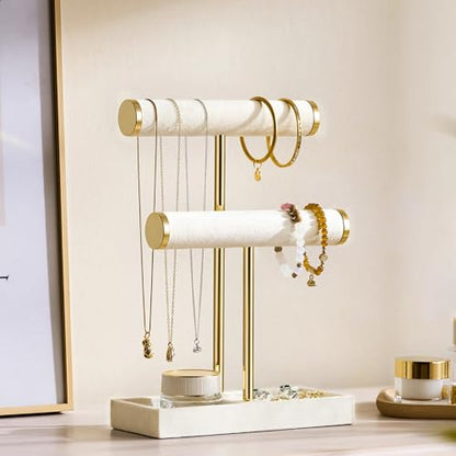 bussdis 2 Tier Bracelet Holder Display, Necklace Holder Organizer, Beige | Velvet Necklace Holder | Jewelry Tree | Jewelry Towers | Jewelry Stand Organizer for Necklaces, Bracelets, Earrings, Rings - color: Beige
