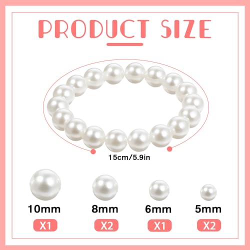 6 PCS White Pearl Bracelets, Elastic Faux Pearl Bracelet Stretch, Stackable Fake Pearls Bead Bracelets Bridesmaid for Women Daily Wear Bridal Wedding Party Gift (10/8/6/5 mm Pearl)