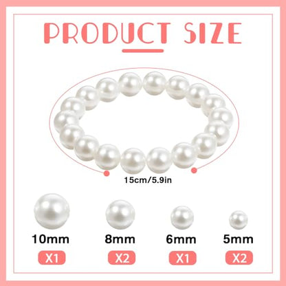6 PCS White Pearl Bracelets, Elastic Faux Pearl Bracelet Stretch, Stackable Fake Pearls Bead Bracelets Bridesmaid for Women Daily Wear Bridal Wedding Party Gift (10/8/6/5 mm Pearl)