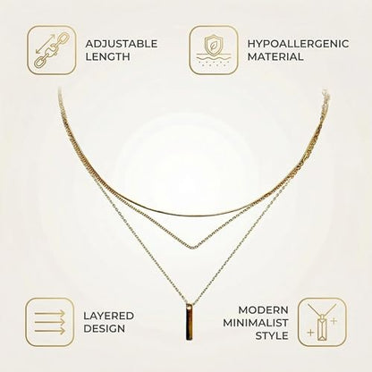 Bohemian Layered Necklace for Women – 3-Layer Dainty Stacked Pendant Necklace with Snake Chain, Ribbed Chain & O-Chain, Trendy Multi-Strand Gold Jewelry for Everyday Casual, Party & Vacation