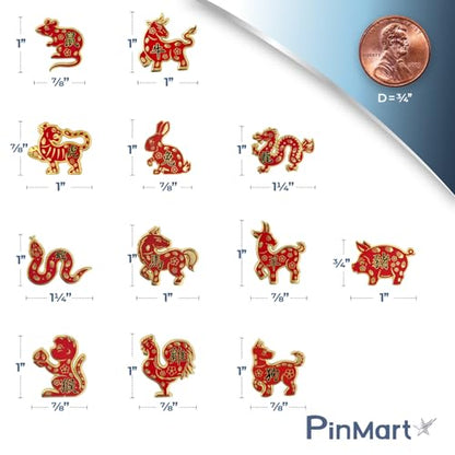 PinMart Chinese Zodiac Enamel Lapel Pin - color: Zodiac All Signs Gold Plated, size: 12pc Gift Set
