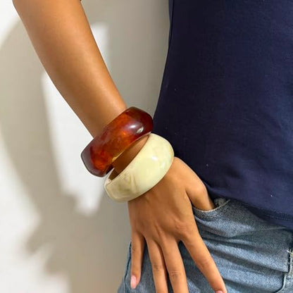 2PCS Chunky Acrylic Bracelet for Women Large Square Resin Cuff Vintage Open Bangle Bracelets Wide Geometric Jewelry - style: K-Red+Beige