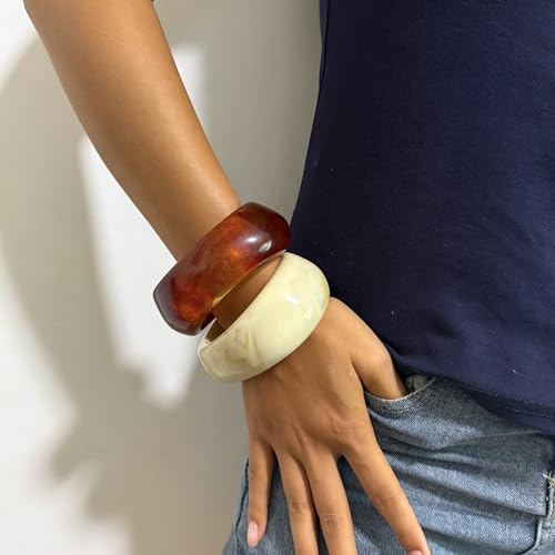 2PCS Chunky Acrylic Bracelet for Women Large Square Resin Cuff Vintage Open Bangle Bracelets Wide Geometric Jewelry - style: K-Red+Beige