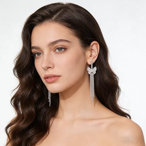Rhinestone Earrings Dangling for Women Sparkly Silver Dangle Earrings Girls Long Chandelier Earrings Tassel Lightweight Ear Studs Cubic Zirconia (KE001S-W) - color: Bow Butterfly 816263S