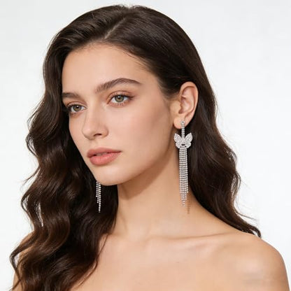 Rhinestone Earrings Dangling for Women Sparkly Silver Dangle Earrings Girls Long Chandelier Earrings Tassel Lightweight Ear Studs Cubic Zirconia (KE001S-W) - color: Bow Butterfly 816263S