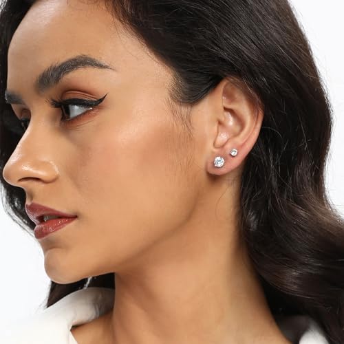 18K White/Yellow Gold Plated Stud Earrings for Men Women 4 Prong Graduated Round Clear Cubic Zirconia Hypoallergenic Earrings Set 3-8MM - color: White Gold Plated, size: 5MM