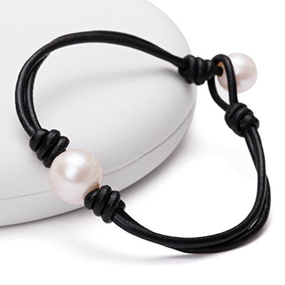 Single Cultured Freshwater Pearl Bracelet Handmade Leather Pearl Jewelry for Women 7'' - style: 7'' Black