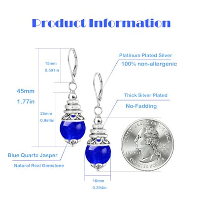 Natural 10mm Stone Beads Drop Earrings,Retro Silver Round Quartz Crystal Gemstone Beads Dangle Earrings for Women - color: A19_Blue Spinel