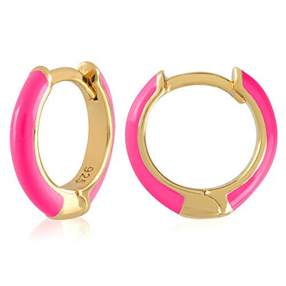 14K Gold Plated Sterling Silver Enamel Color Huggie Hoop Earrings for Women – Wide Range of Vibrant Color Options Available - color: Neon Pink 3pc Huggie Bundle