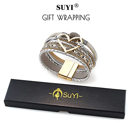 Suyi Multilayer Leather Wrap Bracelet Heart-Shape Wide Bracelets for Women - color: Silver