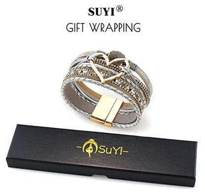 Suyi Multilayer Leather Wrap Bracelet Heart-Shape Wide Bracelets for Women - color: Silver