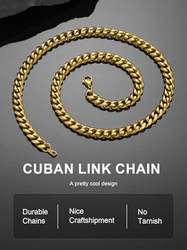 Stainless Steel Mens Cuban Link Chains, Daily Wear Hip Hop Miami Necklace | 3/6/9/12mm Silver/Gold Plated/Black necklace with Gift Box, No Tarnish, Sweatproof & Waterproof, Hypoallergenic Men Chains - color: 9mm-gold plated, size: 20 inch