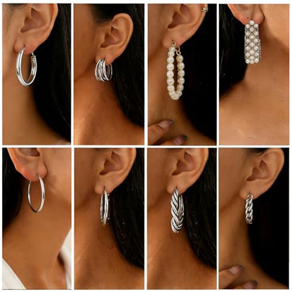 Gold Silver Hoop Earrings Set for Women, 46 Pairs Lightweight Twisted Pearl Heart Chunky Hoops Dangle Drop Earrings, Hypoallergenic Gold Plated Earrings for Daily Birthday Party Gift - color: Silver