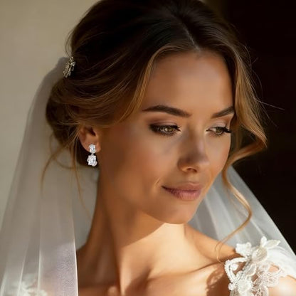 Gemsme Bridal Wedding Earrings for Brides Bridesmaides, 925 Sterling Silver Posts hypoallergenic Cubic Zirconia stud,Drop & Dangle Earrings for Women Jewelry Gifts - color: White - Square Shape
